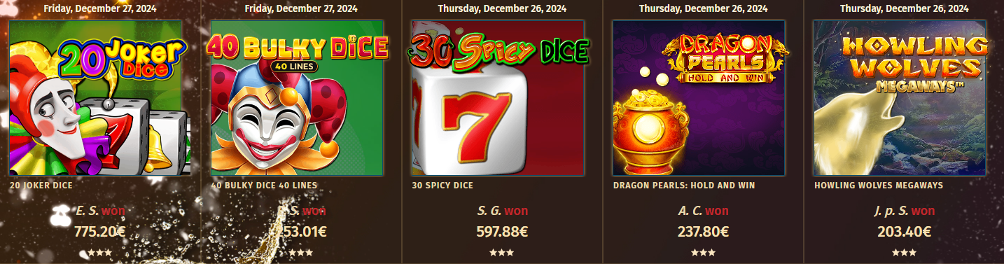 joueurs gagnants récemment sur Tropezia Palace Casino